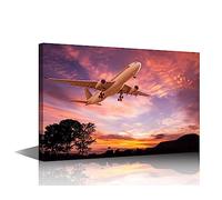 TISHIRON Airplane Flying at Sunset Wall Art Nature Scenery Paintings 1 Panel Sunset Landscape Artwork Printed on Canvas Modern Home Decoration Giclee Framed Gallery-Wrapped Ready to Hang(16" Wx24 H)