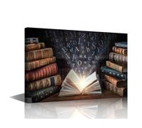 TISHIRON Ancient Books Paintings 1 Panel Canvas Wall Art for Living Room Old Book with Flying Letters and Magic Light Artwork Contemporary Home Decor Giclee Framed Ready to Hang(12" Wx18 H)