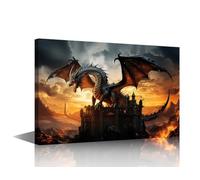 TISHIRON Ancient Dragon Home Decor Wall Fire-Breathing Dragon Posters for Room Aesthetic Castle Wall Decor for Bedroom Modern Artwork House Decorations Stretched Framed Ready to Hang (12" Wx18 H)