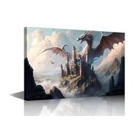 TISHIRON Ancient Dragon Wall Art for Living Room 1 Panels Dragon Kingdom Framed Art Mythical Creatures Wall Decor for Bedroom Canvas Paintings Art Prints Stretched Framed Ready to Hang (12" Wx18 H)