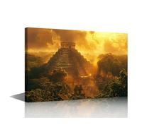 TISHIRON Ancient Mayan Wall Art Mayan Pyramid Temple Wall Decor 1 Panel Mayan Culture Wall Art for Living Room Home Decor Artwork Stretched with Wooden Frame Ready to Hang (16''Wx 24''H)