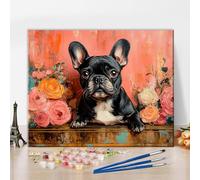 TISHIRON Animal Paint by Numbers for Adults Beginner,A Black French Bulldog with Flowers Paint by Number Kit on Canvas for Beginners,Oil Painting Set 40x50cm (Without Frame)
