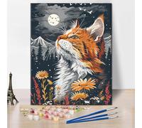 TISHIRON Animal Paint by Numbers Kit for Adults Cat is Looking up at The Moon in a Field of Flowers Paint by Number with Brushes and Pigment for Home Wall Decoration, 16x20 Inch