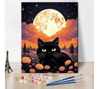 TISHIRON Animal Painting by Numbers Kit for Adults Black Cat on The Background of The Full Moon Paint by Number, Art Crafts DIY Oil Painting for Home Wall Decoration, 16x20 Inch