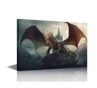 TISHIRON Animals Modern Wall Art The Dragon on Castle House Decorations for Living Room Dragon King Roar Canvas Wall Art Paintings for Bedroom Office Decor Framed Easy to Hang - 18x12in