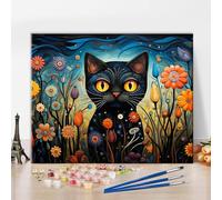 TISHIRON Animals Painting by Number for Adults - Black Cat, Flowers and Plants, Abstract Kit With Brushes and Pigment, 16x20 Inch, Frameless