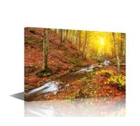 TISHIRON Autumn Forest Stream Canvas Wall Art Red Fall Leaves River Landscape Nature Scenery Framed Prints for Living Room Bedroom Bathroom Decor-Ready to Hang(30x45cm)