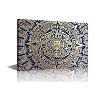 TISHIRON Aztec Calendar Canvas Wall Art for Living Room Home Decor Golden Aztec Sun Stone Poster Prints on Canvas Mayan Wall Decorations for Bedroom Bathroom Office Framed Ready to Hang, 36x24in