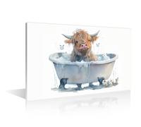 TISHIRON Bathtub Animal Highland Cattle Wall Art for Living Room Animal Watercolor Pictures Canvas Wall Art Wall Decor for Bathroom Posters & Prints Stretched and Framed Ready to Hang (12" Wx18 H)