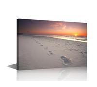 TISHIRON Beach Canvas Wall Art Prints Footprints in the Sand at Baltic Sea at Sunset Coastal Seascape Picture Artwork Painting on Canvas for Living Room Bedroom Framed Ready to Hang 36x24 inch