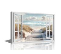 TISHIRON Beach Scene Wall Art for Bedroom 3D Window View Canvas Art Wall Decor Coastal Modern Wall Art Pictures for Living Room Artwork Paintings Giclee Framed Ready to Hang, 36x24in