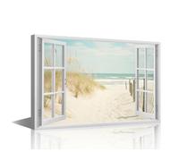 TISHIRON Beach Scene Wall Paintings for Living Room Ocean 3D Window Effect Pictures Print On Canvas Dune Fence Wall Art Bedroom Decoration Office Wall Art Framed Ready to Hang - 24x16in