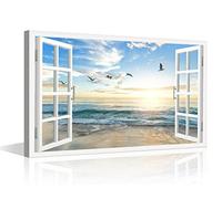 TISHIRON Beach View 3D Window Effect Canvas Art Sunset Beach Blue Ocean Art Large Modern Artwork Canvas Prints for Living Room Office Bedroom Posters Prints Framed Ready to Hang - 12" W x 18" H