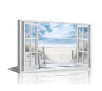 TISHIRON Beach Wall Art 1 Piece 3D Window View Pictures Canvas Print Seascape Posters Coastal Artwork for Home Walls Framed Painting for Bedroom Office Decorations, 24x16in
