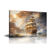 TISHIRON Bedroom Wall Decor Ancient Sailing Ship Wall Art Stormy Sea Home Decor 1 Piece Sailboat Nautical Pictures for Bedroom Living Room Dining Room Framed Ready to Hang (16''Wx24''H)