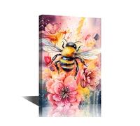 TISHIRON Bee Wall Decorations for Living Room Bee Wall Art 1 Piece Blooming Flowers Room Decor Modern Home Decor Giclee Wooden Framed Ready to Hang (12''Wx 18''H)