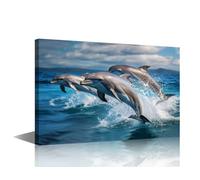 TISHIRON Big Canvas Wall Art For Living Room Wall Decorations Artwork Ocean Theme Three Cute Dolphin Wall Painting Wildlife Action Shots Framed Pictures Home Hotel Aquarium Decor 1 Piece (24" Wx36 H)