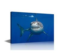 TISHIRON Big Shark in Blue Sea Canvas Wall Art Bathroom Wall Art Great White Shark Pictures for Bedroom Living Room Modern Home Decor Office Decorations Artwork Framed Ready to Hang, 18x12in