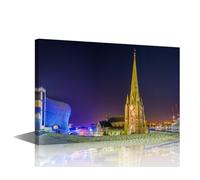 TISHIRON Birmingham City England Canvas Wall Art Saint Martin Church at Night Picture Prints Modern Home Office Wall Decoration Stretched Ready to Hang 24 x36Inch
