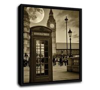 TISHIRON Black and White London The Big Ben Print in Black Frame - England Moon and A Phone Booth Pictures - 20x25cm Stretched Canvas Wall Decor Ready to Hang