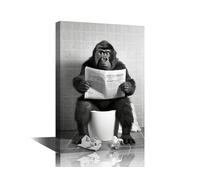 TISHIRON Black and White Wall Art Gorilla Sit on the Toilet Wall Decoration for Living Room Animal Wall Paintings Canvas Home Decor Artwork Giclee Wooden Framed Stretched Ready to Hang (16''Wx 24''H)