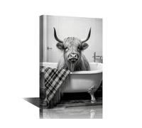 TISHIRON Black and White Wall Painting Highland Cattle Cow Bathroom Decor Wall Art 1 Panel Bathtub Wall Decor Artwork for Home Walls Stretched and Framed Canvas Wall Art Ready to Hang (24''Wx 36''H)
