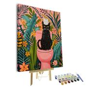 TISHIRON Black Cat Framed Paint by Numbers for Adults, Paint by Number on Canvas Tropical Leaf, Acrylic Painting by Numbers Kits Green Plant, Art Crafts for Home Decor 16"x20"
