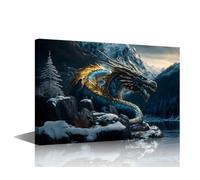TISHIRON Blue Gold Dragon Wall Art for Bedroom Snowy Mountain Canvas Painting Frost Large Wall Art for Living Room Contemporary Home Decor 1 Panel Stretched on Wooden Frame, 12x8in