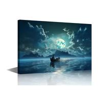 TISHIRON Boat Drifting in the Ocean Canvas Wall Art for Living Room Moonlight Wall Decor Hanging Ship Picture for Decoration Wall Modern Art Poster and Prints Wall Art 16" Wx24 Hx1 Panel