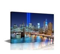 TISHIRON Brooklyn Bridge Canvas Wall Art Crafts 9/11 Lights Art Framed Canvas Wall Painting Prints Manhattan Pictures Walls Poster Decor Urban Architecture Artwork for Home Walls Gift(24" Wx16 H)