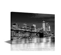 TISHIRON Brooklyn Bridge Skyline Canvas Wall Art Night Cityscape Black and White Wall Art Panoramic Building Picture for Bedroom Modern 1 Piece USA Wall Decoration Framed Ready to Hang 24x16 in
