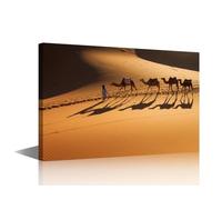 TISHIRON Camel Canvas Wall Art Prints Desert Sahara Pictures Camel Ride Caravan Enjoying and Happy People Modern Wall Painting for Living Room Bedroom Office Decor Framed Ready to Hang 36" Wx 24" H