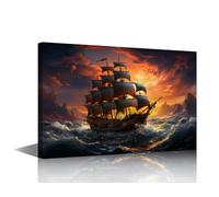 TISHIRON Canvas Art Decorations for Bedroom Sailing Ship in the Sea Paintings Canvas Wall Art Pirate Ship Canvas Artwork Wall Decor Bedroom Decor Stretched and Framed Ready to Hang 36x24 in