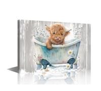 TISHIRON Canvas Art Print, Highland Cow & Animals in Bathtub, Humorous Animal Wall Art, 12"W x 18"H, Blue and Green, Matte Finish, Framed, Bathroom Decor