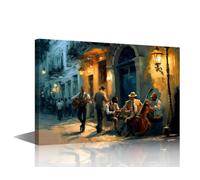 TISHIRON Canvas Art Wall Decor Illustration of Jazz Band Havana Street Oil Painting Style Wallpaper Vintage Art Prints Poster for Living Room Bedroom Wall Art Decor Framed Ready to Hang 36"x24"