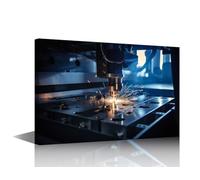 TISHIRON Canvas Painting Wall Art Industrial Machine Art Prints Blue Laser Cnc Metal Cutting Wall Pictures for Office Home Decorations Framed Wall Art Modern Wall Decor Artwork Wall Hanging 24x16 in