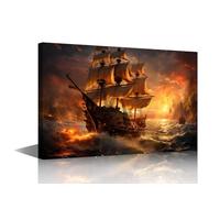 TISHIRON Canvas Prints Sea Landscape Wall Art Paintings Pirate Ship Posters Stretched Fantasy Pirate Ship Pictures for Living Room Sailing Ship Modern Home Decor Framed Wall Art Decorations 24x16 in