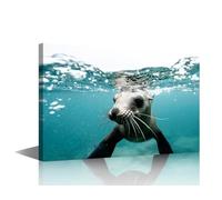 TISHIRON Canvas Prints Sea lions Under the Sea Wall Art Modern Home Decor Ocean Animals Poster Living Room 1 Panel Ocean Theme Bedroom Decoration Artwork Painting Framed Ready to Hang, 18x12in