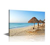 TISHIRON Canvas Prints Wall Art Beach Reclining Chair Landscape Sea Sandy Beach Pictures Stretched Canvas Wooden Framed for living Room Bedroom and Office 18X12in (30x45cm)