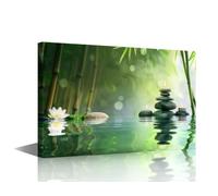TISHIRON Canvas Wall Art 1 Piece Zen Stones Stacked with Candles by Tranquil Water and Green Bamboo Wall Decorations for Room Decor Framed Ready to Hang (40 x 60 cm)