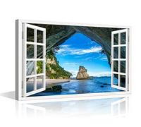 TISHIRON Canvas Wall Art 3D Window Effect Cave at Cathedral Cove Coromandel Painting for Living Room Bathroom Hang Pictures Wall Artwork Office Canvas Art Prints Framed Ready to Hang 12x18inch