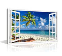 TISHIRON Canvas Wall Art 3D Window View Summertime Art Beach Seaside Coconut Tree Picture for Home Office Bathroom Bedroom Stretched Giclee Framed Print Ready to Hang 16x24inch