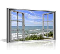 TISHIRON Canvas Wall Art 3D Window View Summertime Art Beach Seaside Picture for Home Office Bathroom Bedroom Stretched Giclee Framed Print Ready to Hang 16x24inch