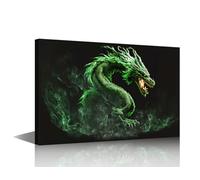 TISHIRON Canvas Wall Art for Bedroom Firedragon Wall Art for Living Room Green Dragon Wall Art Decor Medieval Fantasy Modern Artwork for Home Walls Giclee Framed Ready to Hang 24x16in