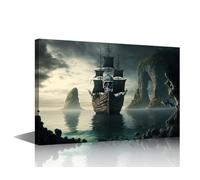 TISHIRON Canvas Wall Art for Bedroom Ghost Pirate Ship Wall Art for Living Room Fantasy Boat Wall Art Decor Landscape Modern Artwork for Home Walls Giclee Framed Ready to Hang 12x8in