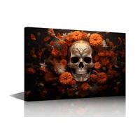 TISHIRON Canvas Wall Art for Bedroom Gothic Styles Contemporary Walls Art Human Skull Paintings Canvas Walls Artwork Skull in Orange Flowers Artwork Prints Framed Arts Wall Decor(18" Wx12 H)