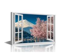 TISHIRON Canvas Wall Art for Bedroom Living Room 3D Fake Windows Flower Blossom Modern Home Decor Japan Mount Fuji Painting Office Wall Decor Contemporary Artwork Frame Ready to Hang, 24x16in