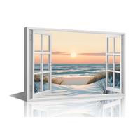 TISHIRON Canvas Wall Art for Bedroom Living Room Nature Landscape 3D Window View Modern Home Decor Beach Painting Pictures Office Wall Decor Contemporary House Artwork Frame Ready to Hang, 24x16in