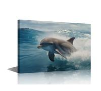 TISHIRON Canvas Wall Art For Bedroom Modern Wall Decor For Living Room Blue Scenery Animal Surfing Dolphins Jumping Over The Water Pictures Artwork Bathroom Home Decor 1 Piece (12" Wx18 H)