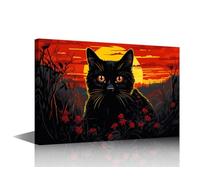 TISHIRON Canvas Wall Art for Living Room Black Cat Modern Home Decor Flower HD Printed Posters Artwork for Bedroom Office Wall Painting Sunset Bathroom Pictures Ready to Hang, 24x16in
